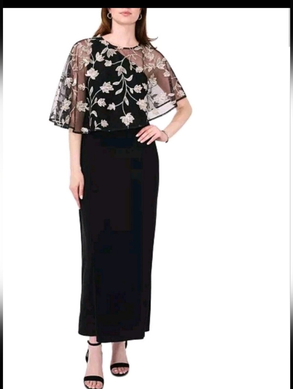 TitleMSK Black Embroidered Floral Cape Overlay Maxi Dress Size S NWT Formal